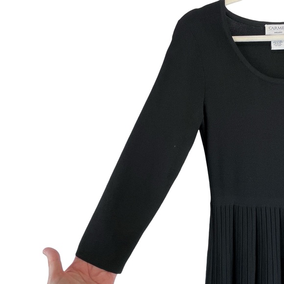 Carmen Marc Valvo Pleated Knit Midi Dress Scoop Neck 3/4 Sleeve Black Sz M - Picture 5 of 8
